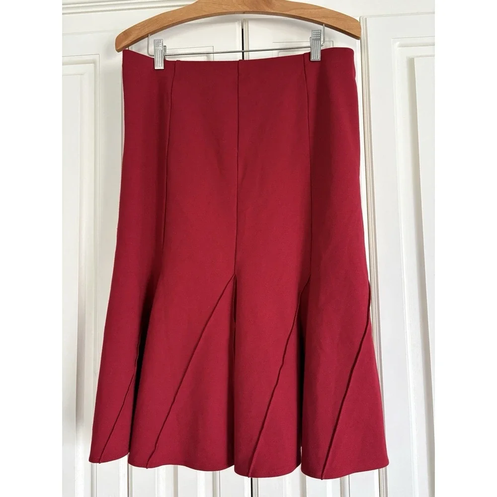 Donna Karan Red‎ Semi-Pleated Midi Fit And Flare Skirt Flirty Classic Size Large